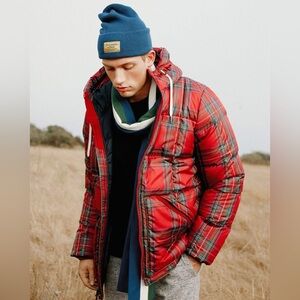 Abercrombie & Fitch Men's Ultra Down Red Plaid Hooded Puffer Jacket
